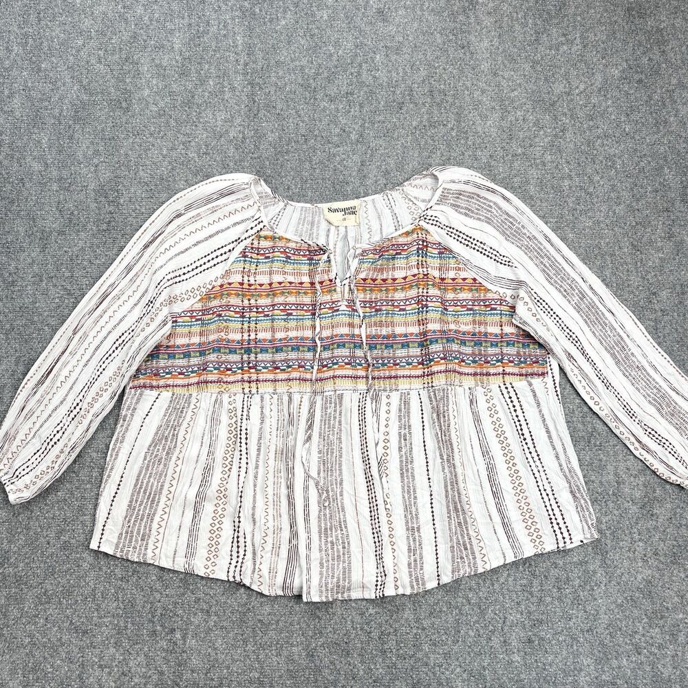 Savanna Jane Top Womens 2X Boho Embroidered Peasant Striped Tie Neck Blouse